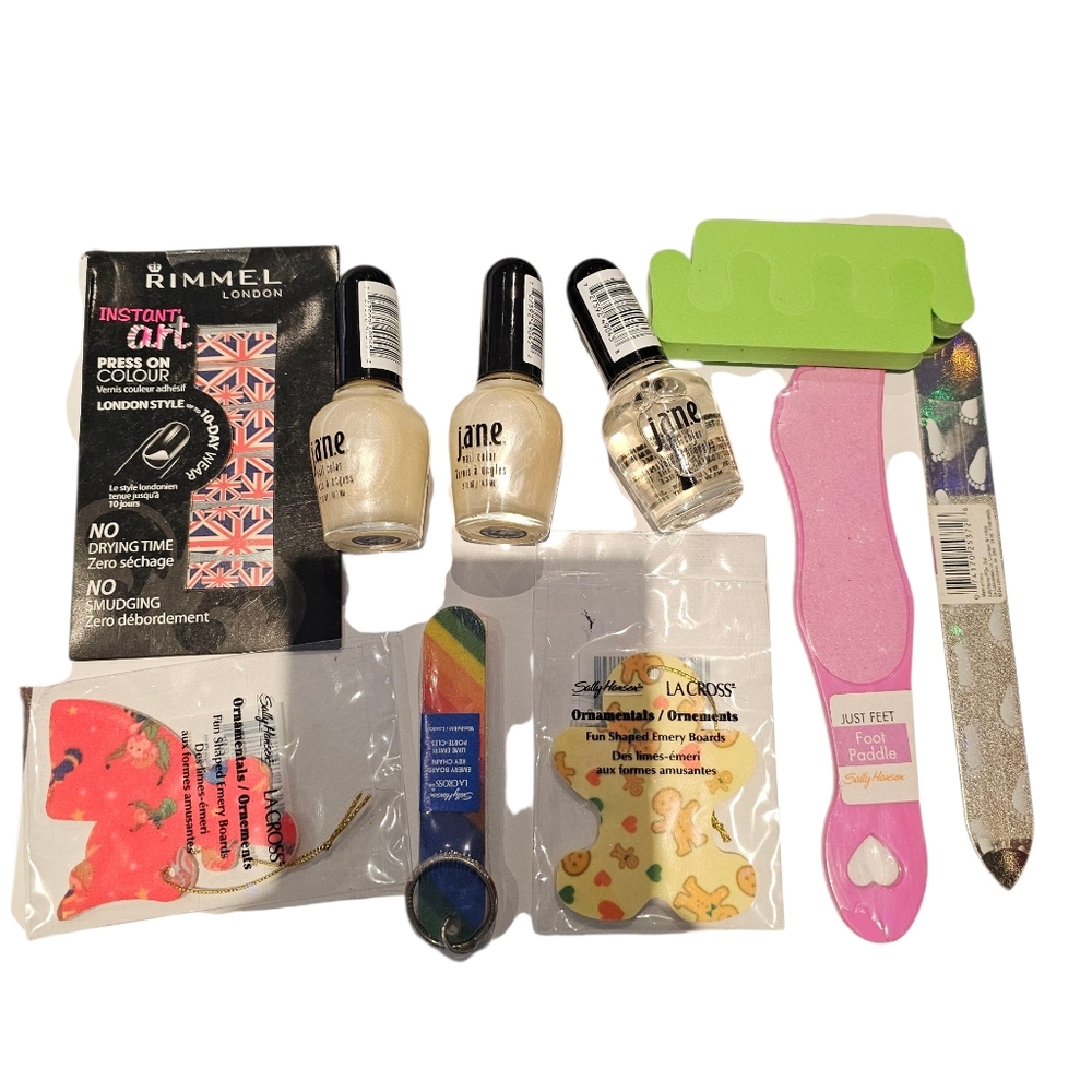 Assorted Nail Polish Lot 10 Pcs Incl Files, Press Ons, Toe Seperator,Remover Pad